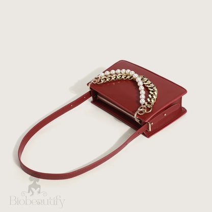 Chunky Chain Zip Top Leather Shoulder Bag With Versatile Pearl Trim - Red