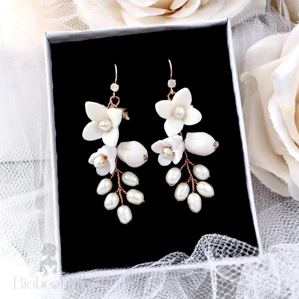 Wedding Hair Accessories - Ceramic Flowers Bridal Earrings - Available in Yellow Gold