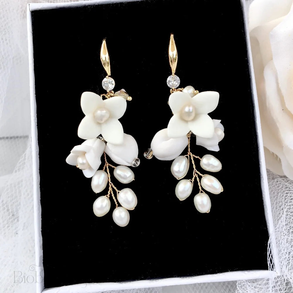 Claudine Ceramic Flowers Bridal Earrings In Yellow Gold Silver And Rose