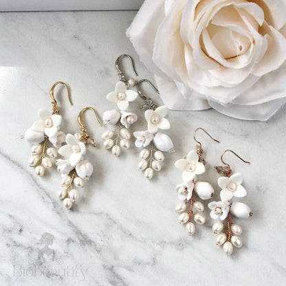 Claudine Ceramic Flowers Bridal Earrings In Yellow Gold Silver And Rose