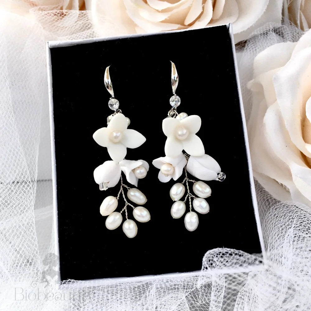 Wedding Hair Accessories - Ceramic Flowers Bridal Earrings - Available in Yellow Gold