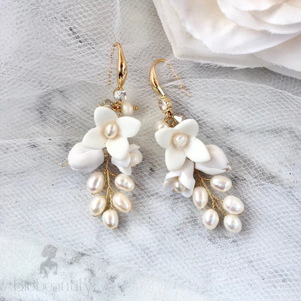 Wedding Hair Accessories - Ceramic Flowers Bridal Earrings - Available in Yellow Gold