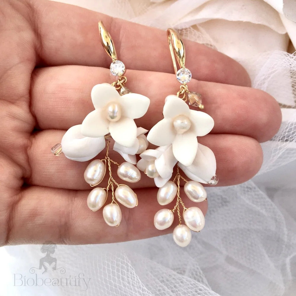 Claudine Ceramic Flowers Bridal Earrings In Yellow Gold Silver And Rose