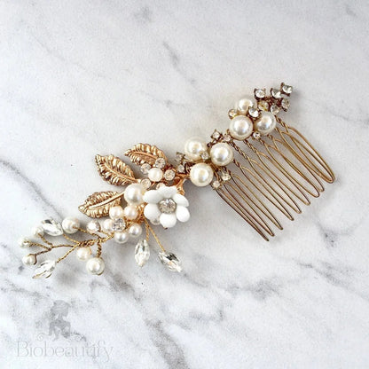 Claudine Gold Ceramic Flowers Bridal Hair Comb And Earrings Set