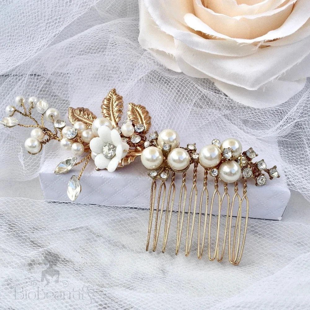 Claudine Gold Ceramic Flowers Bridal Hair Comb And Earrings Set