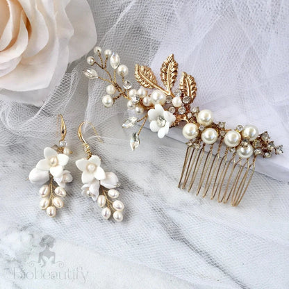 Claudine Gold Ceramic Flowers Bridal Hair Comb And Earrings Set