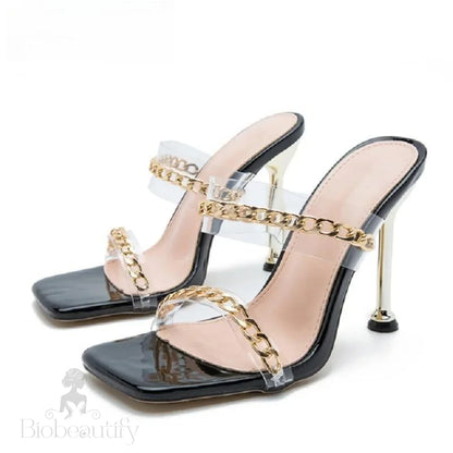 Clear Pvc High Heel Slippers With Chain Design Square Toe Summer Fashion Slide Black / 42