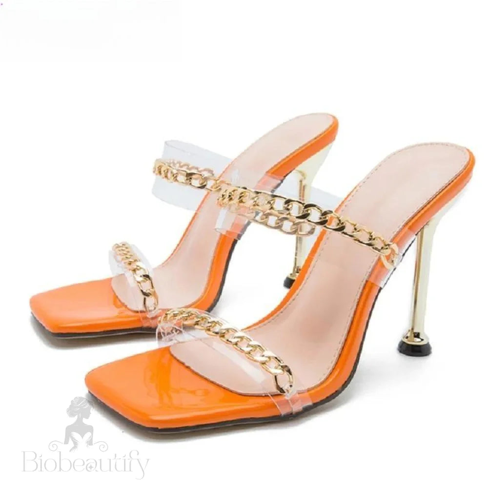 Clear Pvc High Heel Slippers With Chain Design Square Toe Summer Fashion Slide Orange / 40