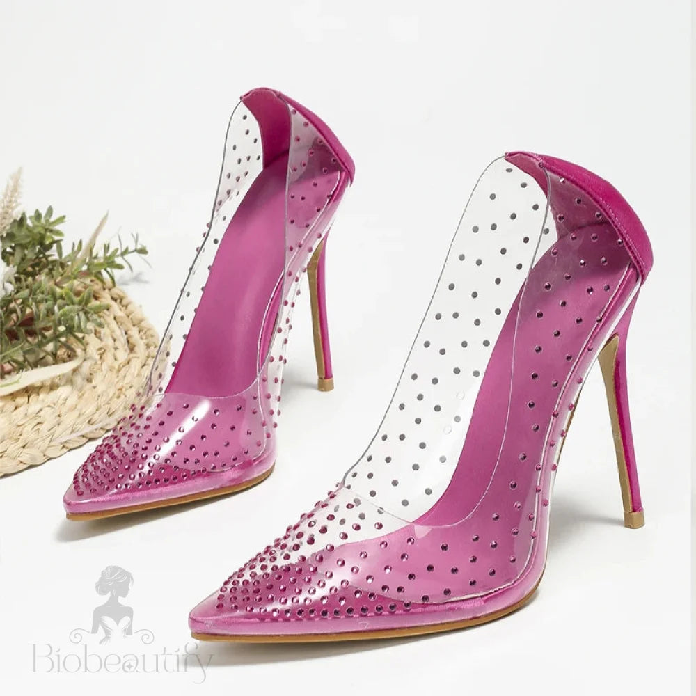 Clear Rhinestone Women Pumps With Pointed Toe And Thin High Heels