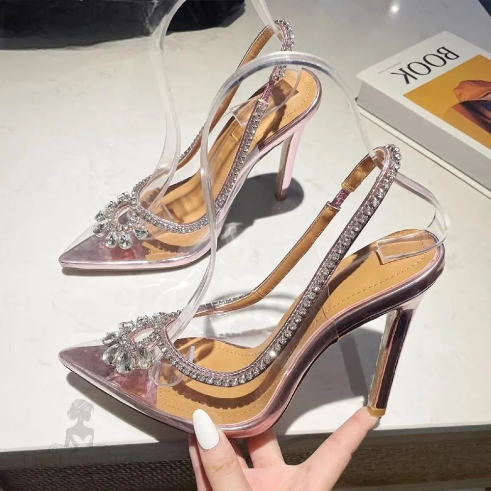 Clear Rhinestone Women Sandals Pumps With Hollow Out Slingbacks And High Heels