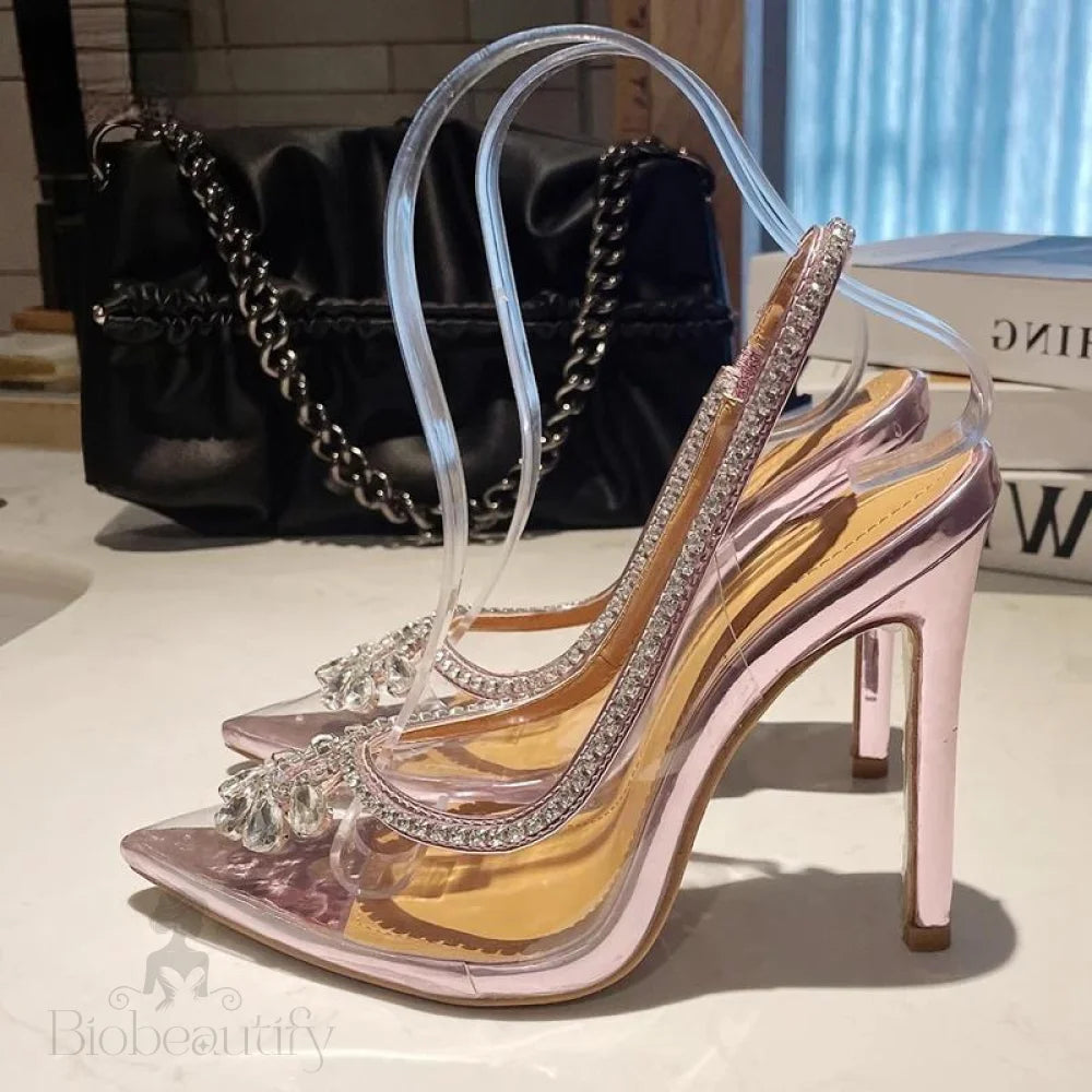 Clear Rhinestone Women Sandals Pumps With Hollow Out Slingbacks And High Heels