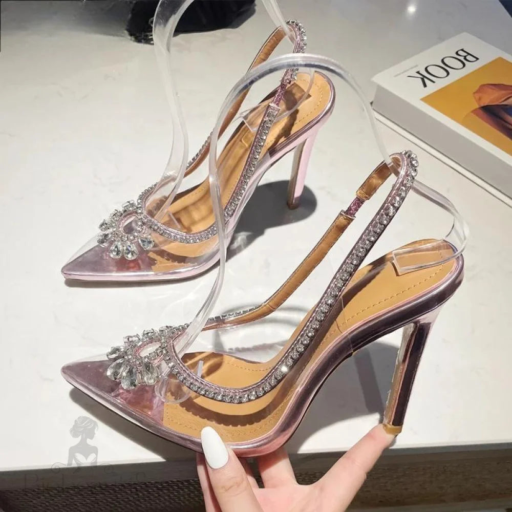 Clear Rhinestone Women Sandals Pumps With Hollow Out Slingbacks And High Heels