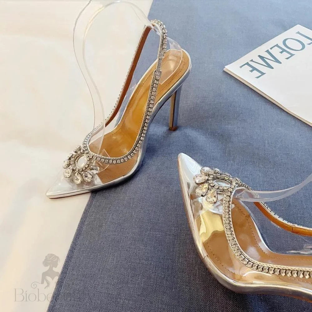 Clear Rhinestone Women Sandals Pumps With Hollow Out Slingbacks And High Heels