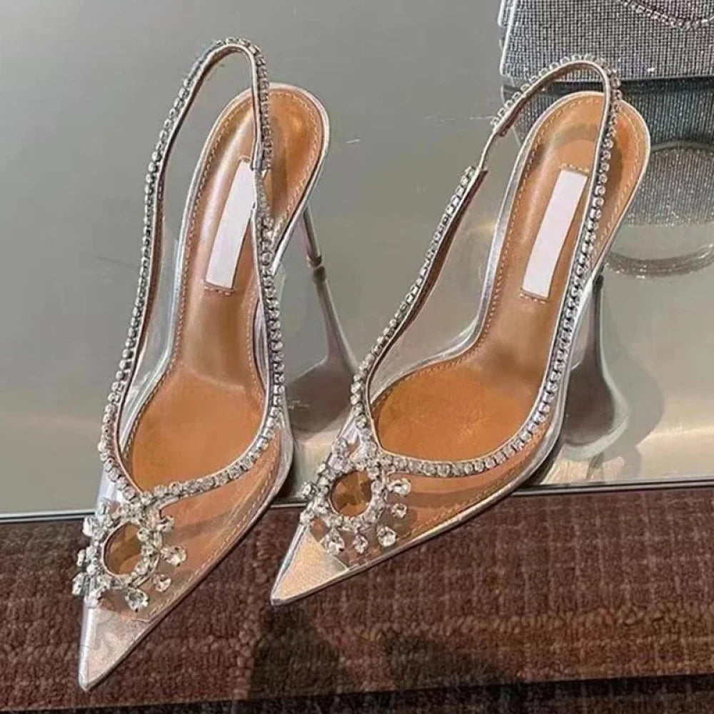 Clear Rhinestone Women Sandals Pumps With Hollow Out Slingbacks And High Heels Pink / 36