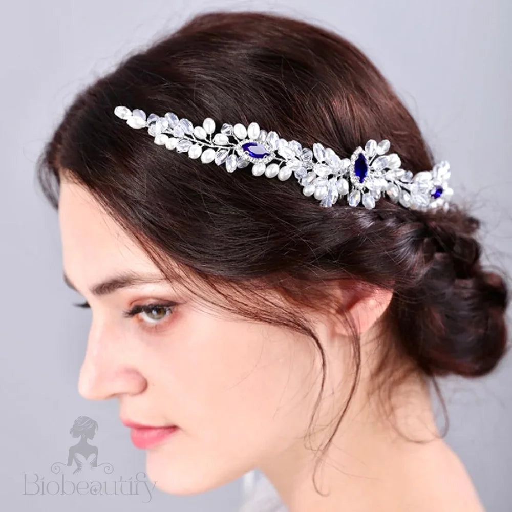 Clementine Blue Crystal Pearl Bridal Hair Comb Vine