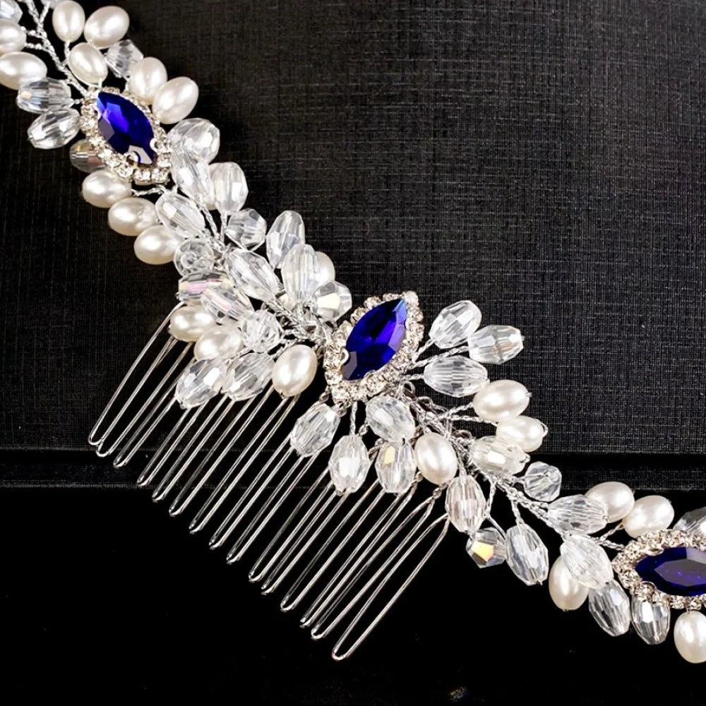 Clementine Blue Crystal Pearl Bridal Hair Comb Vine