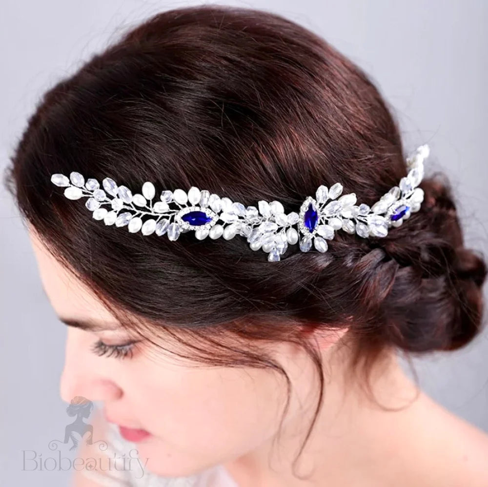 Clementine Blue Crystal Pearl Bridal Hair Comb Vine