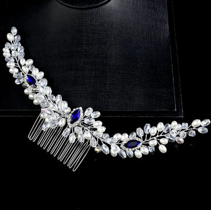 Clementine Blue Crystal Pearl Bridal Hair Comb Vine