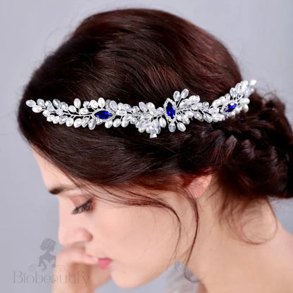 Clementine Blue Crystal Pearl Bridal Hair Comb Vine