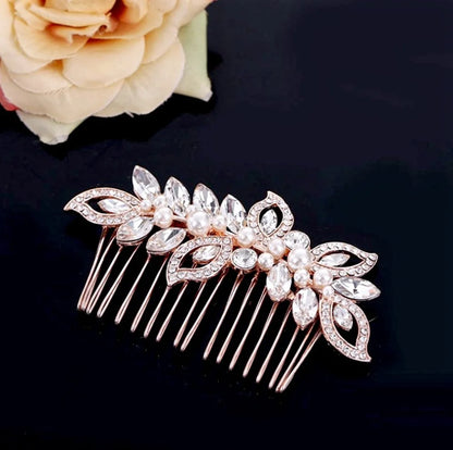 Cleo Pearl Crystal Bridal Hair Comb In Rose Gold And Silver