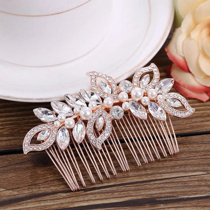 Cleo Pearl Crystal Bridal Hair Comb In Rose Gold And Silver