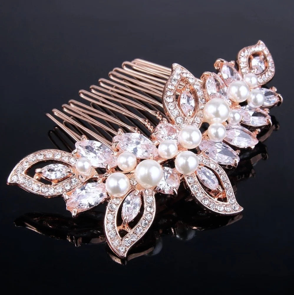 Cleo Pearl Crystal Bridal Hair Comb In Rose Gold And Silver