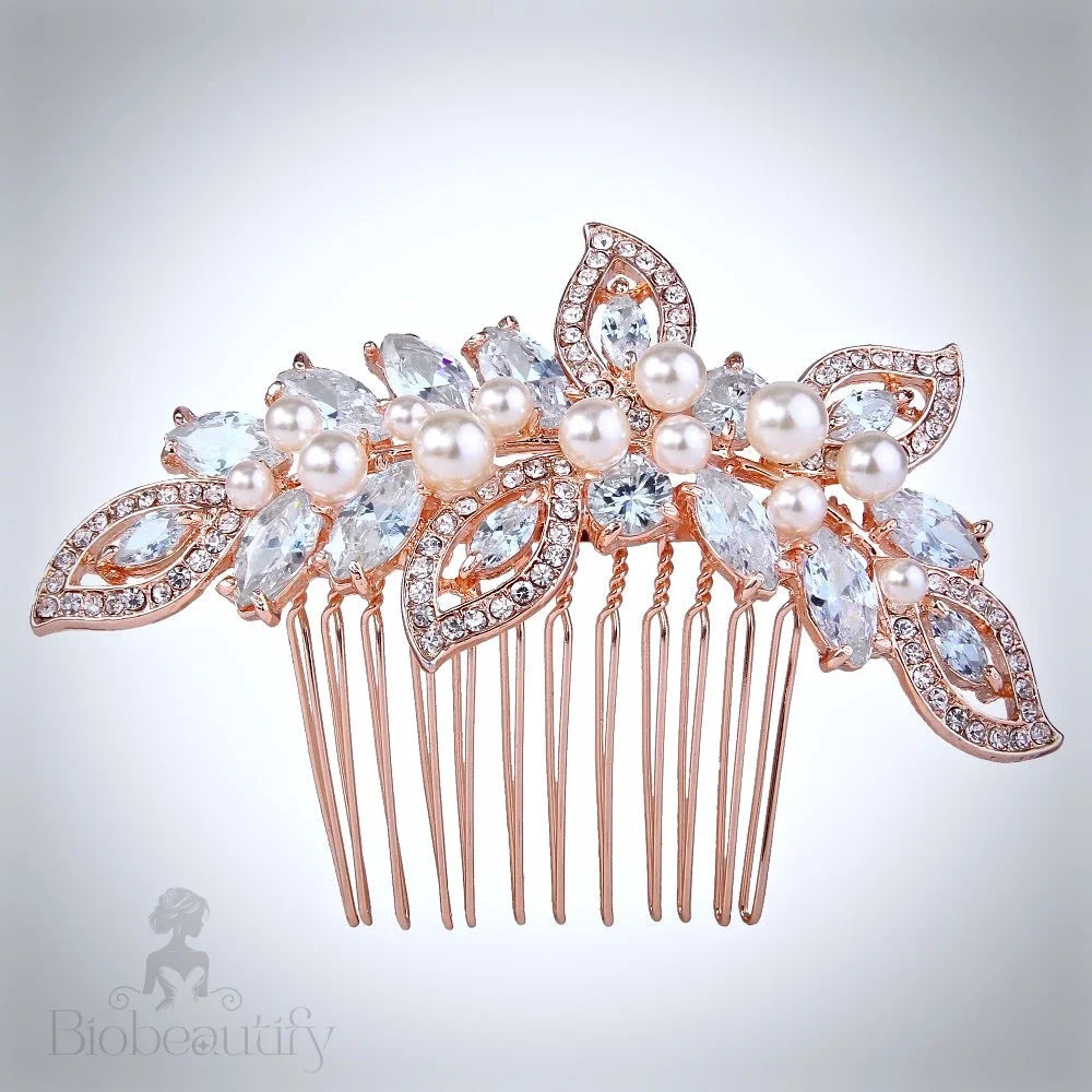 Cleo Pearl Crystal Bridal Hair Comb In Rose Gold And Silver