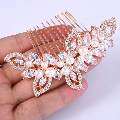 Cleo Pearl Crystal Bridal Hair Comb In Rose Gold And Silver