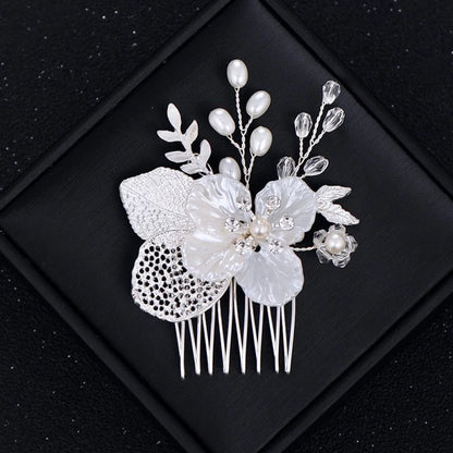 Clover Pearl And Crystal Bridal Hair Comb In Yellow Gold Silver