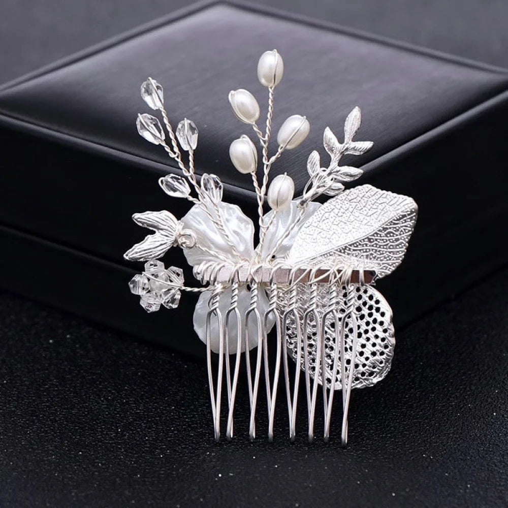 Clover Pearl And Crystal Bridal Hair Comb In Yellow Gold Silver