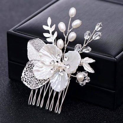 Clover Pearl And Crystal Bridal Hair Comb In Yellow Gold Silver