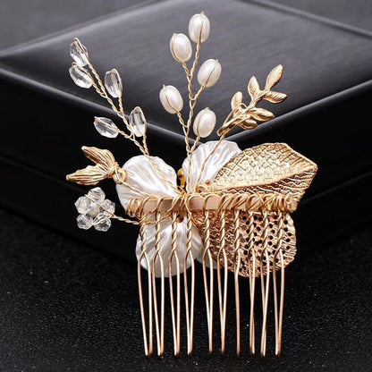 Clover Pearl And Crystal Bridal Hair Comb In Yellow Gold Silver