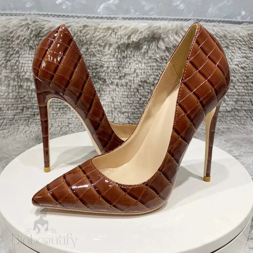 Coffee Brown Crocodile Women Sexy High Heels Party Shoes - 12Cm