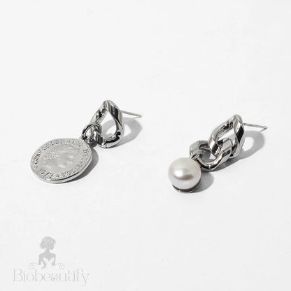 Coin Pearl Pendant Chunky Chain Earrings - Silver