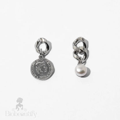 Coin Pearl Pendant Chunky Chain Earrings - Silver One Size /