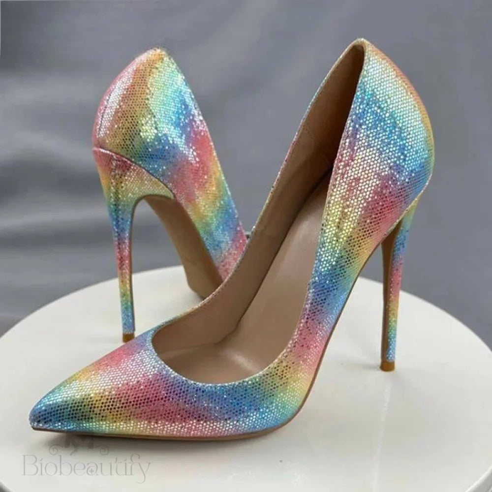 Colorful Rainbow Stiletto Pumps Women Sexy Pointed Toe 12Cm High Heels