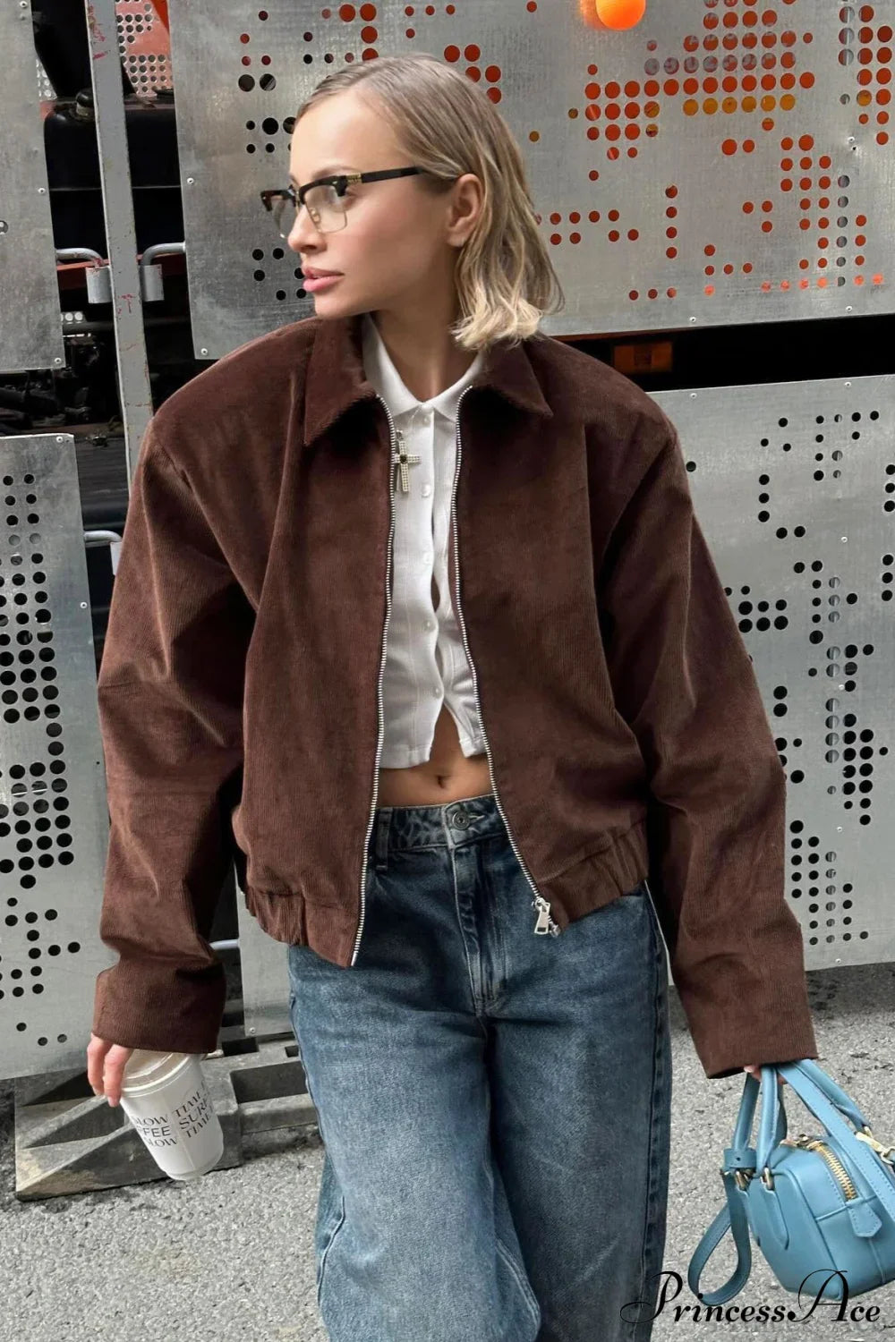 Corduroy Retro Collared Jacket Coat Brown / S