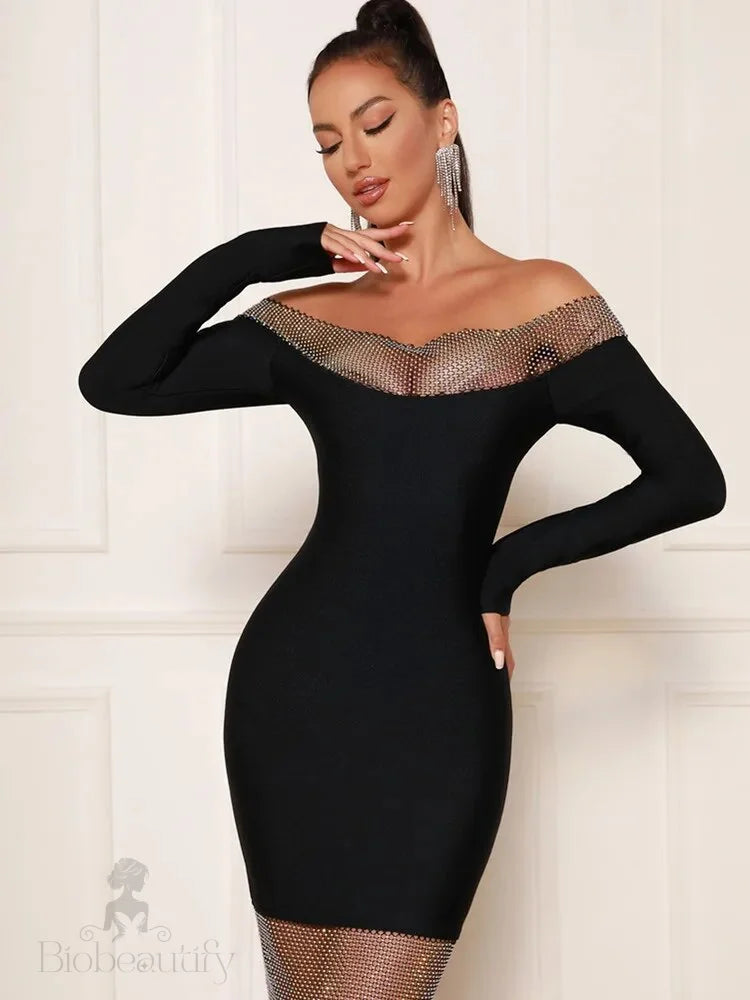 Cornelia Off Shoulder Rhinestone Bandage Dress