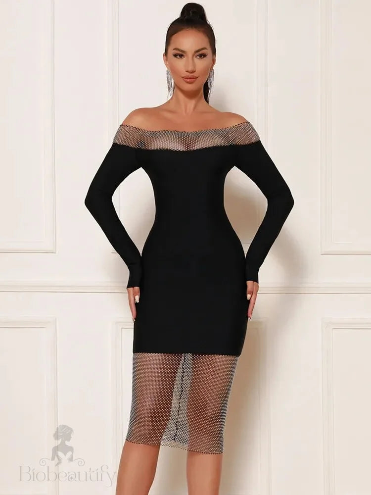 Cornelia Off Shoulder Rhinestone Long Sleeve Bandage Dress - SunsetFashionLA