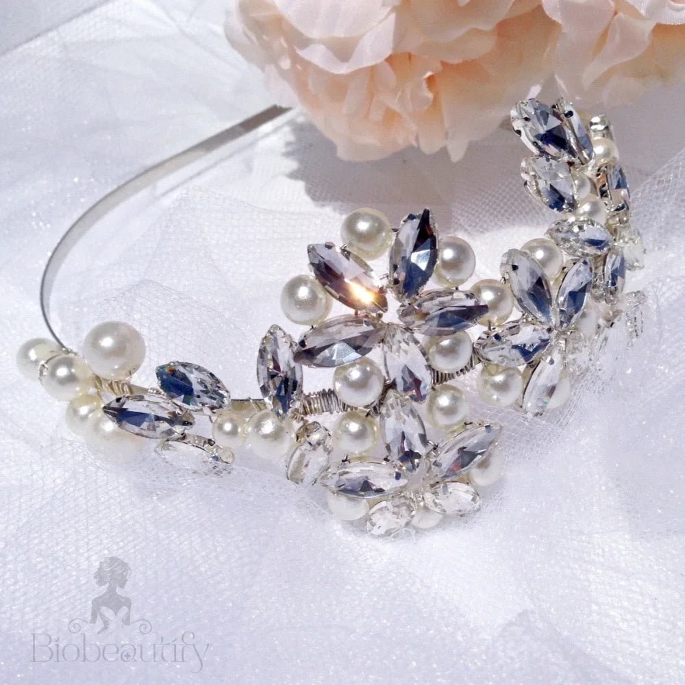 Cornelia Silver Pearl Crystal Bridal Side Headband