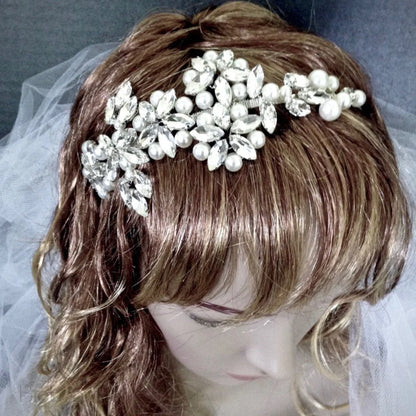 Cornelia Silver Pearl Crystal Bridal Side Headband