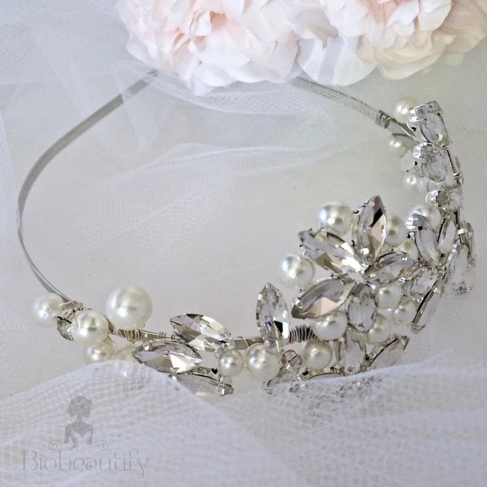 Cornelia Silver Pearl Crystal Bridal Side Headband