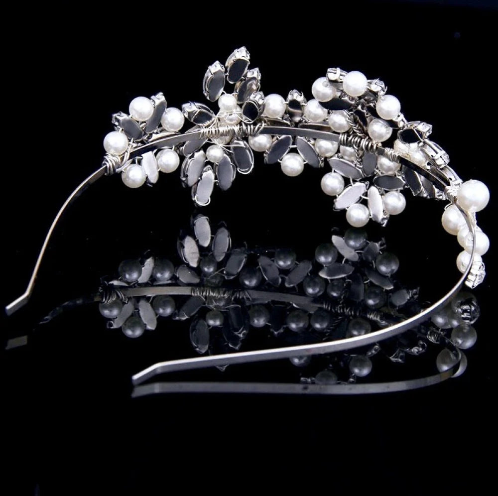 Cornelia Silver Pearl Crystal Bridal Side Headband