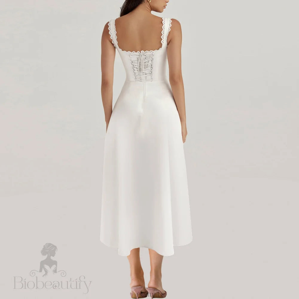 Corset Midi Dress With Lace Trim And Side Slit