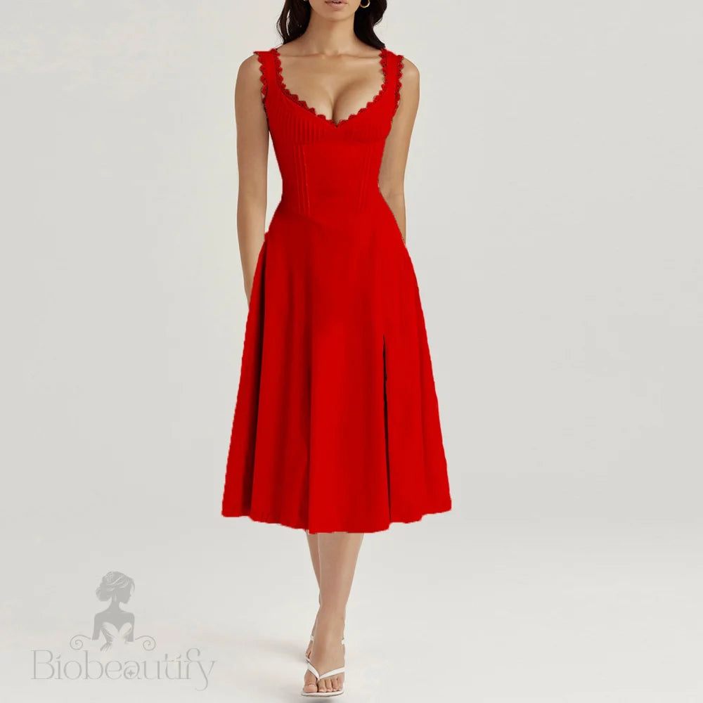 Lace-Trim Corset Midi Dress with Side Slit - Chiccharm