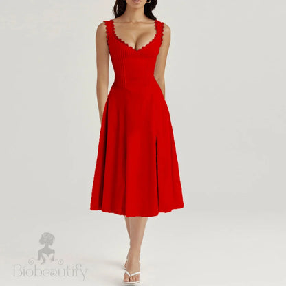 Lace-Trim Corset Midi Dress with Side Slit - Chiccharm