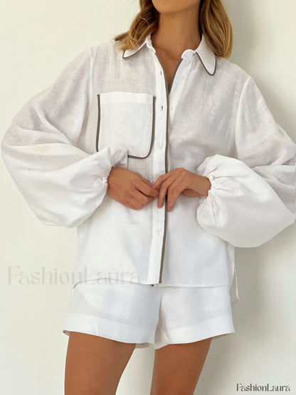 Cotton & Linen Contrast Trim Two Piece Shorts Set Short Sets
