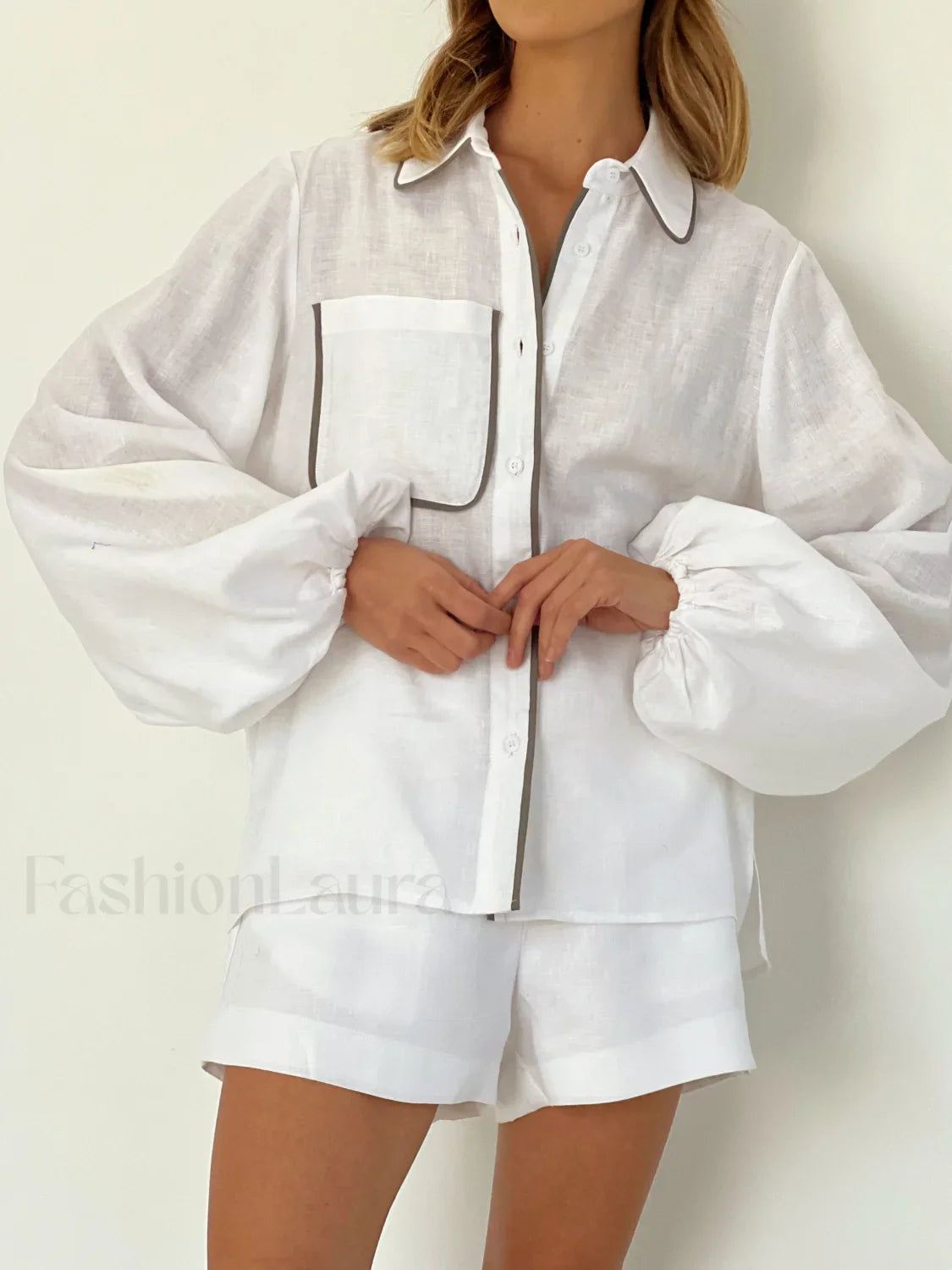 Cotton & Linen Contrast Trim Two Piece Shorts Set Short Sets