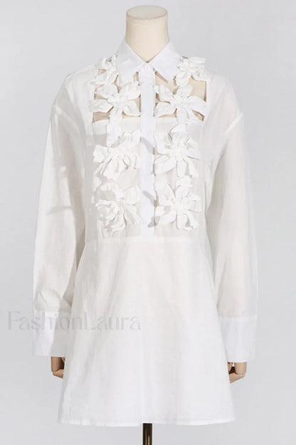 Cotton Poplin 3D Charming Flower Short Dress S / White