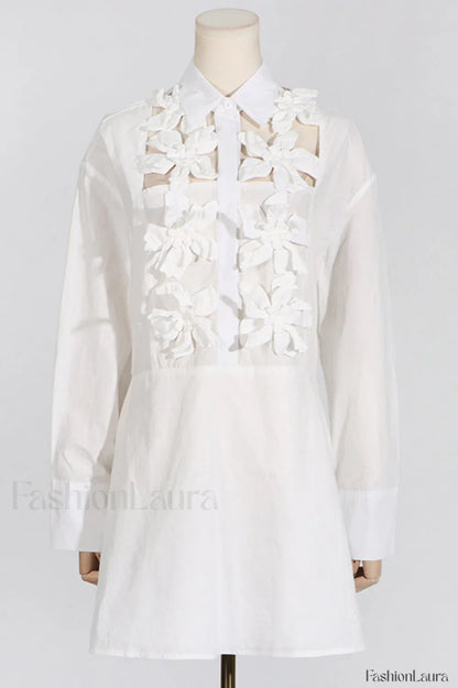 Cotton Poplin 3D Charming Flower Short Dress S / White